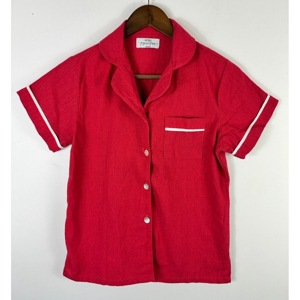 Poppies‎ & Posies Red Linen Pajama Top Womens Medium Short Sleeve Bowling Bella